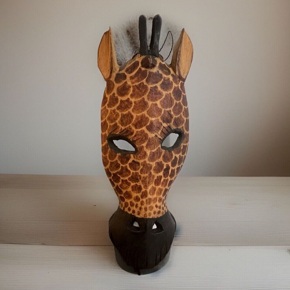 VINTAGE HAND CARVED WOOD GIRAFFE HEAD TRIBAL MASK WALL ART Approximately 15”